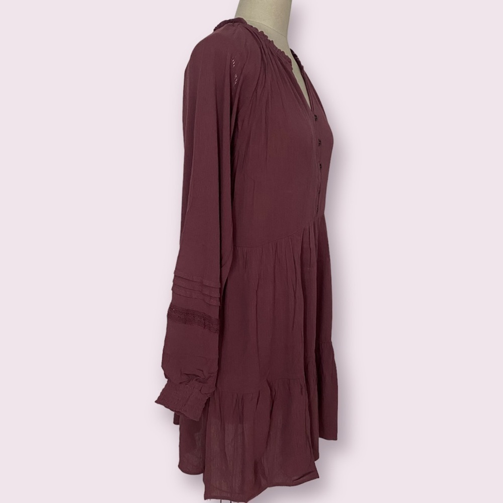 Women’s Long Balloon Sleeve Mini Tiered Dress - Knox Rose Dark Melrose Size M - Picture 2 of 10